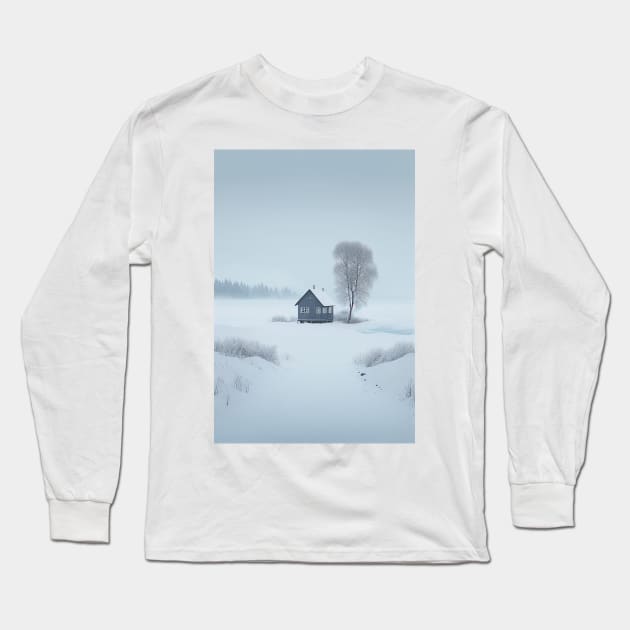 Scandinavian Style Winter Landscape with House and Tree Long Sleeve T-Shirt by Abili-Tees